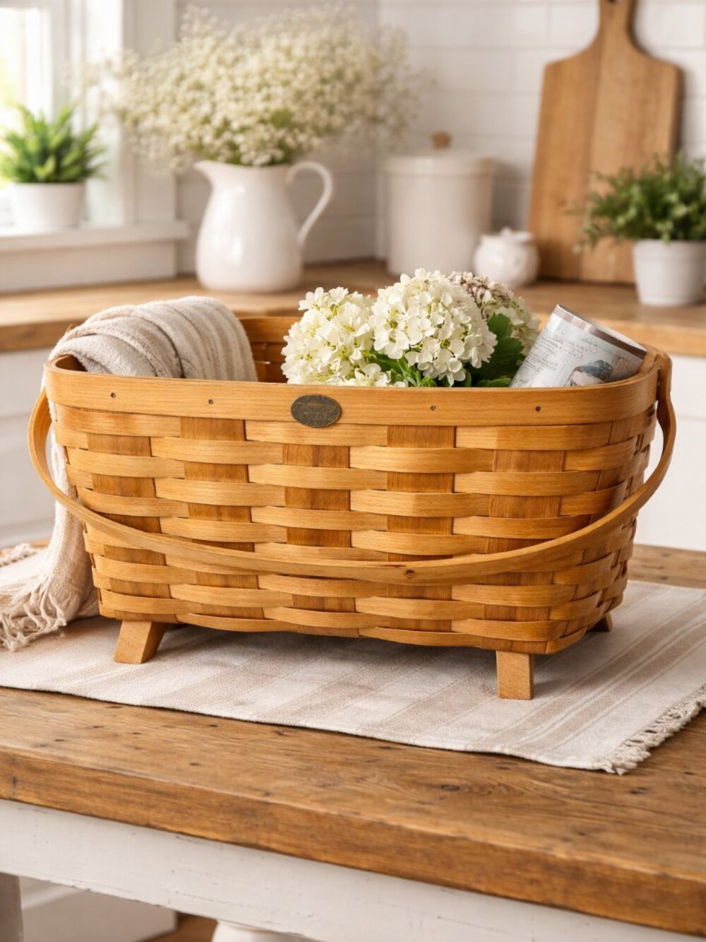 Peterboro Basket Co Footed Market Basket Large Wood Handle Farmhouse Decor Stora